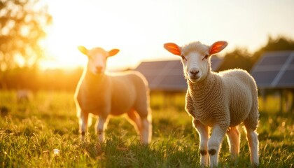 Fototapeta premium Two lambs in a field at sunset