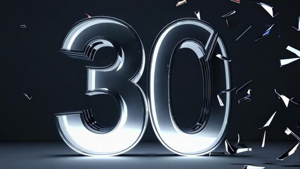 Shiny metallic number 30 with flying glass shards on a dark background - Powered by Adobe