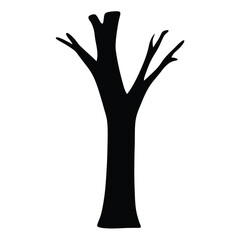 Silhouette of a bare tree trunk and branches against a white backdrop