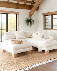 Cream sectional sofa with ottoman, wooden legs, and neutral rug in a rustic-chic living room