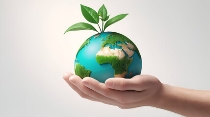 Sustainable Earth in Hand – 3D Eco-Friendly Concept with Growing Plant on White Background, No 263