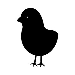 A simple black silhouette of a chick standing, isolated on white backdrop