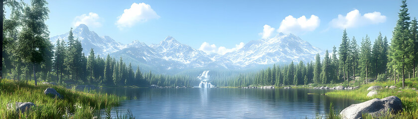 Mountain Lake Waterfall 3D Render