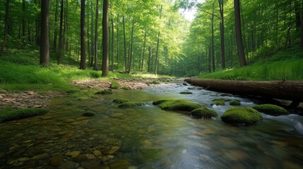 Fototapeta premium Serene forest stream flowing through lush green trees Calm water glides over mossy rocks Tranquil nature scene