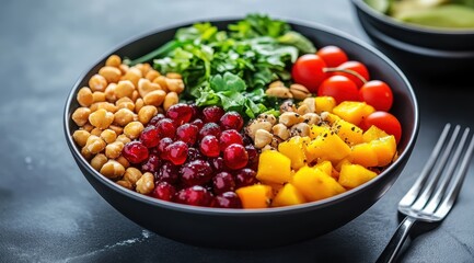 Colorful and healthy bowl with chickpeas, mango, pomegranate, and greens