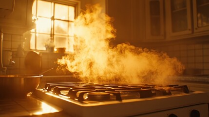 Sunrise kitchen stove steam, warm light, cooking