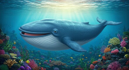 Obraz premium Undersea scene with friendly whale and coral reef