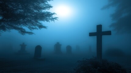 Foggy cemetery at night with cross and tombstones