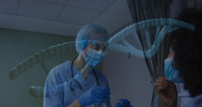 female nurse wearing gloves performing swab test in clinical bay 3, with floating health icons