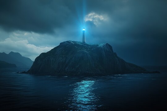 Lighthouse beacon on a dark island at night