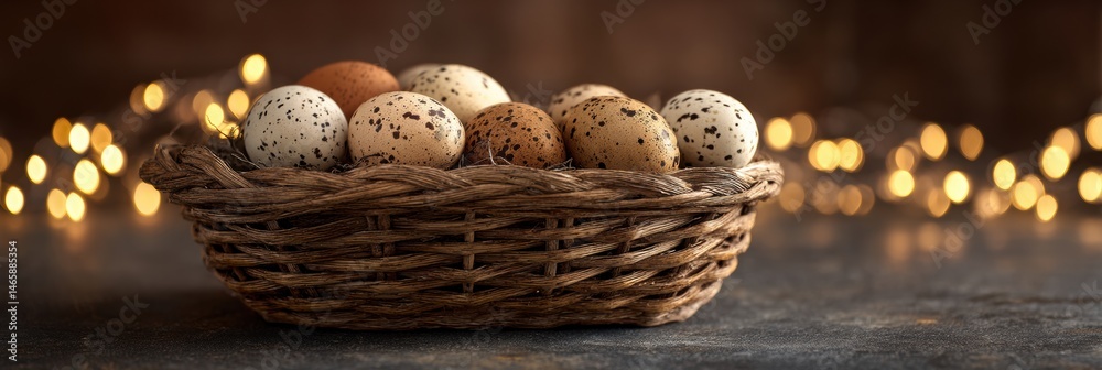 Fototapete Wicker Basket Filled With Speckled Eggs Illuminated by Warm Light Creating a Cozy Atmosphere in a Rustic Setting Generative AI