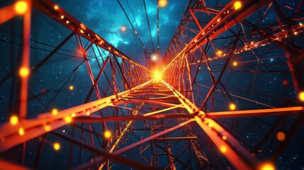 Fototapeta premium Celestial Transmission Tower: A Night Vision of Illuminated Steel and Cosmic Wonders