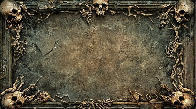 Ornate, aged stone tablet framed by skeletal embellishments.  Detailed carvings of skulls and bone-like vines surround a textured,  dark stone surface