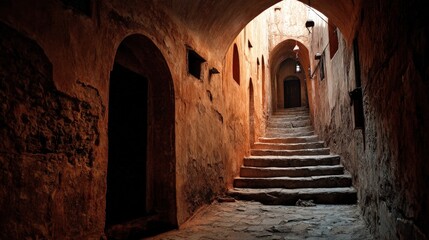 Obraz premium Narrow Twisting Alleyway in Old Town with Warm Lighting and Shadows
