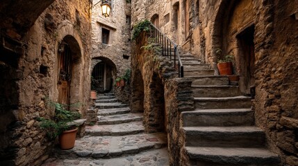 Winding Narrow Stairs in a Historic Stone Alleyway Scene