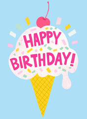 Birthday greeting in ice cream shape with cherry sprinkles and happy text on blue background