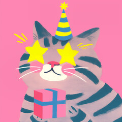 Cartoon birthday cat with party hat holding gift box and star eyes on pink background