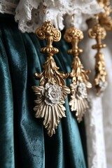Obraz premium Elaborate golden curtain tiebacks adorn teal velvet draperies and lace
