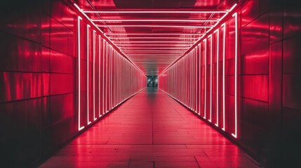 Fototapeta premium Red Neon Tunnel: A futuristic urban landscape bathed in vibrant crimson light, showcasing sleek metallic walls and glowing linear lights creating a captivating passageway.