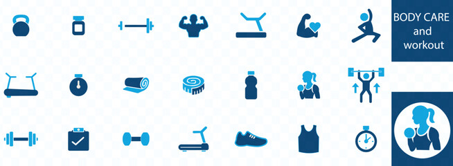 body care and workout icon set . healthy lifestyle, weight training, body care and workout or exercise equipment icons