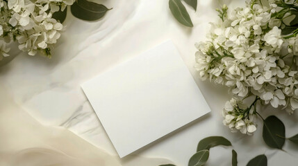 White Flowers Flatlay: Wedding Invitation Mockup, Blank Card, Floral Background, Elegant Stationery Mockup