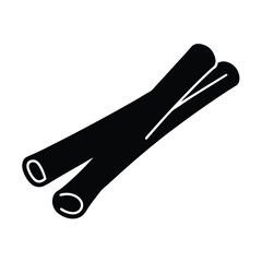 Two Cinnamon Sticks in Dark Black Silhouette on Plain White Background