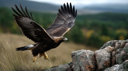 Golden eagle landing on rocky outcrop, wings mid-motion, captured at a distance with powerful telephoto focus