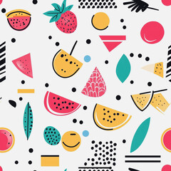 Memphis fruit colorful style seamless pattern. Creative minimalist style art background for children or trendy design with basic shapes. Simple childish scribble backdrop white background