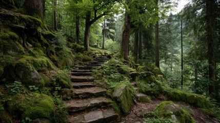 Obraz premium Mindful Walking Scene in an Ancient Forest Surrounded by Trees