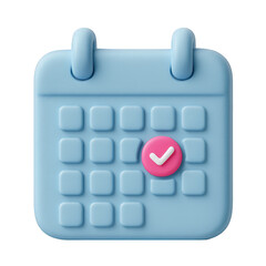 A charming light blue 3D calendar displaying a bright pink circle with a white checkmark indicating a completed day or appointment.