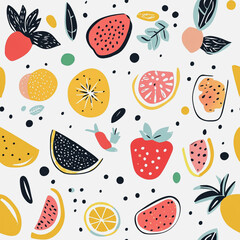 Memphis fruit colorful style seamless pattern. Creative minimalist style art background for children or trendy design with basic shapes. Simple childish scribble backdrop white background