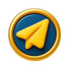 Shiny golden ring encapsulates a deep blue disc featuring a prominent yellow paper airplane symbol.
