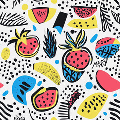 Memphis fruit colorful style seamless pattern. Creative minimalist style art background for children or trendy design with basic shapes. Simple childish scribble backdrop white background