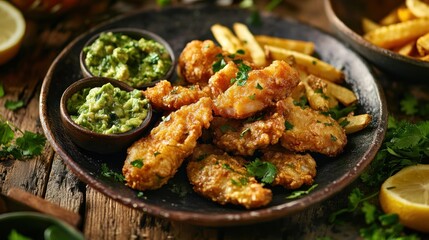Crispy Fish & Chips with Guacamole, Rustic Setting
