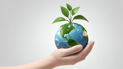 Sustainable Earth in Hand – 3D Eco-Friendly Concept with Growing Plant on White Background, No 194