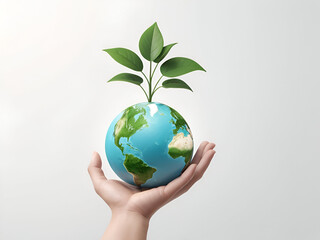 Sustainable Earth in Hand – 3D Eco-Friendly Concept with Growing Plant on White Background, No 388