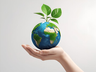 Sustainable Earth in Hand – 3D Eco-Friendly Concept with Growing Plant on White Background, No 387