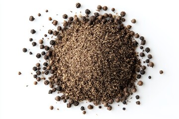 Pile of ground black pepper with peppercorns scattered on white background