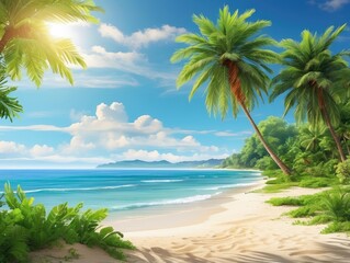 "Tropical Paradise Escape: Sunny Beach with Swaying Palms and Crystal Sea"