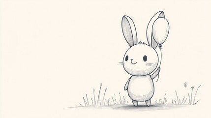 Fototapeta premium Cute cartoon rabbit holding balloons, whimsical illustration, simple background