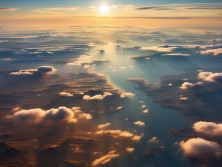 Sunrise view from an airplane window, featuring white clouds and a vibrant blue sky.