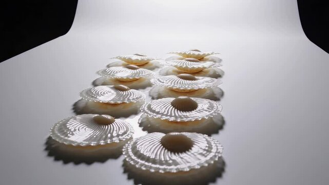 Artistic row of scallop shells with pearls arranged in symmetry on a curved white surface.
