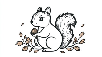 Obraz premium Cute squirrel holding nut, autumn leaves background, children's illustration, possible use for children's book