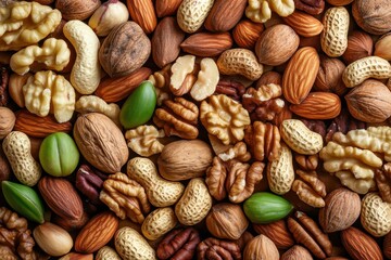 Assorted nuts background featuring walnuts almonds peanuts cashews and pistachios