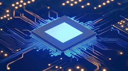 A glowing microchip on a circuit board, highlighting modern technology and electronic connections.