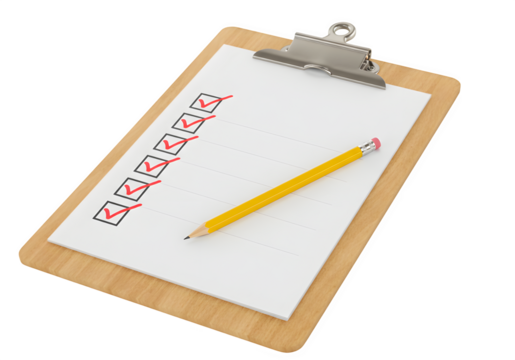 Wooden clipboard featuring a checklist with red ticks, accompanied by a yellow pencil positioned diagonally over the sheet for an organized look, isolated on white or transparent background. PNG