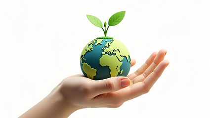 Sustainable Earth in Hand – 3D Eco-Friendly Concept with Growing Plant on White Background, No 348