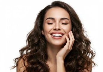 Fototapeta premium Portrait of a smiling woman with brown curly hair and hand isolated on white background