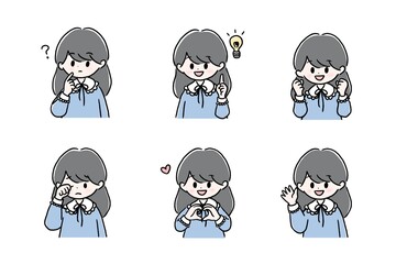ロングヘアでフリル袖のかわいい女の子キャラクター 表情とポーズのセット