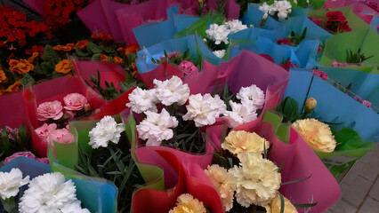 Bouquets of fresh carnations in pink, white, yellow, and red, wrapped in colorful plastic sleeves. The flowers are neatly arranged for sale, creating a vibrant and festive display at a flower market 